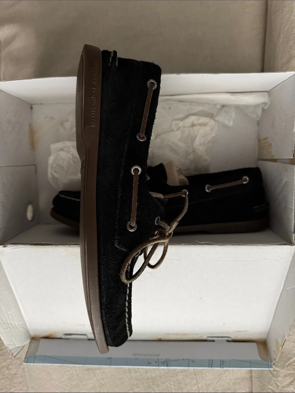 Sperry Black Suede Boat Shoes with Brown Trim